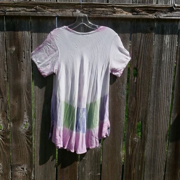 Sakkas Tunic Top One Size Boho Short Sleeve Palm Trees Crochet Trim Pink Blush - Picture 7 of 9